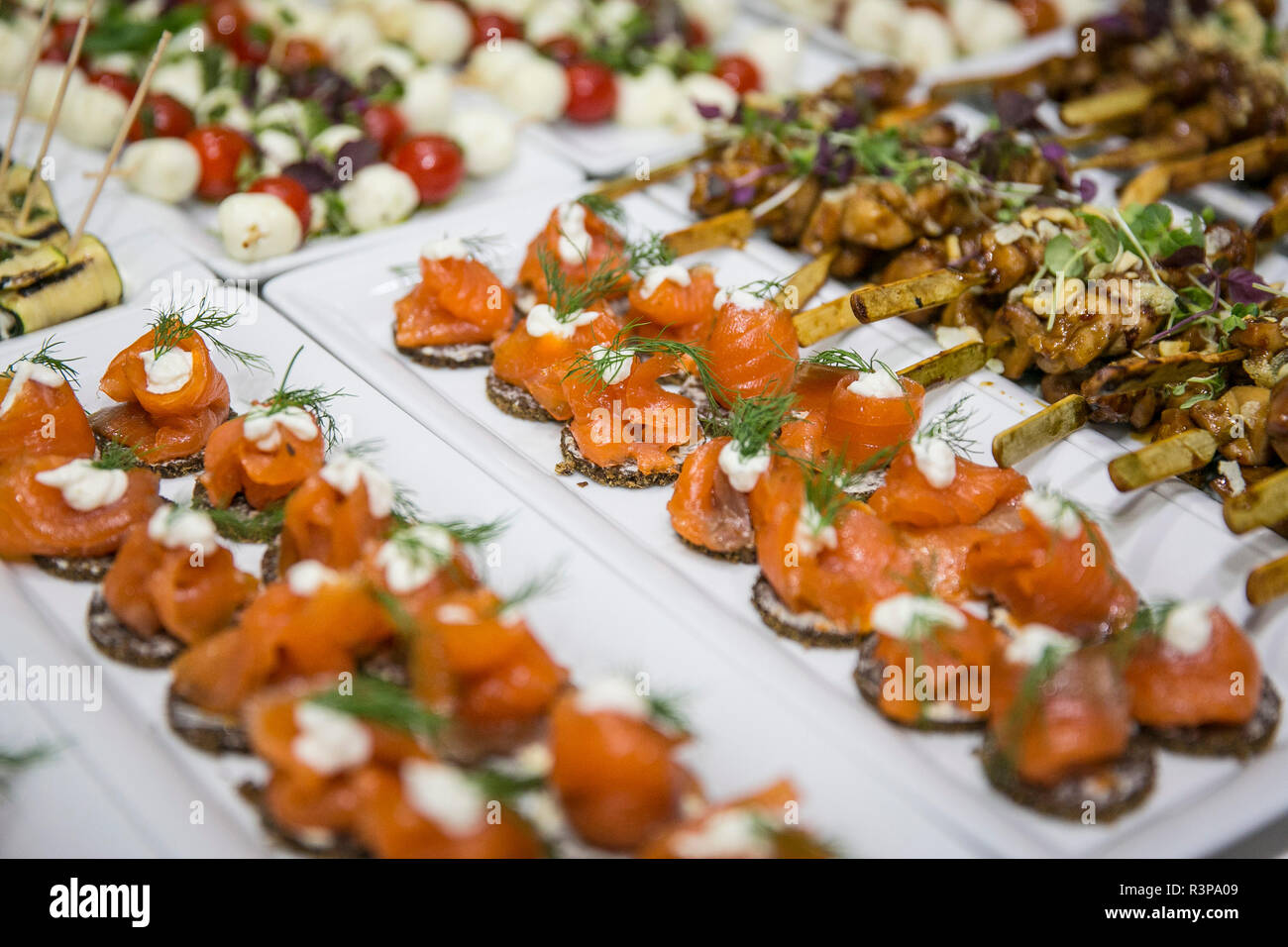 salmon and satee skewers on buffet / catering Stock Photo - Alamy