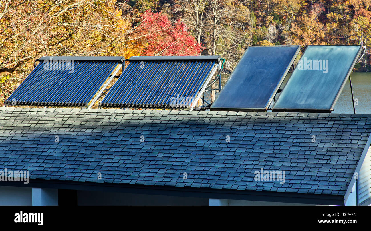 Solar hot water heaters on bathroom roof,  facilitating Melton Hill Dam Recreation Area Campground. Stock Photo