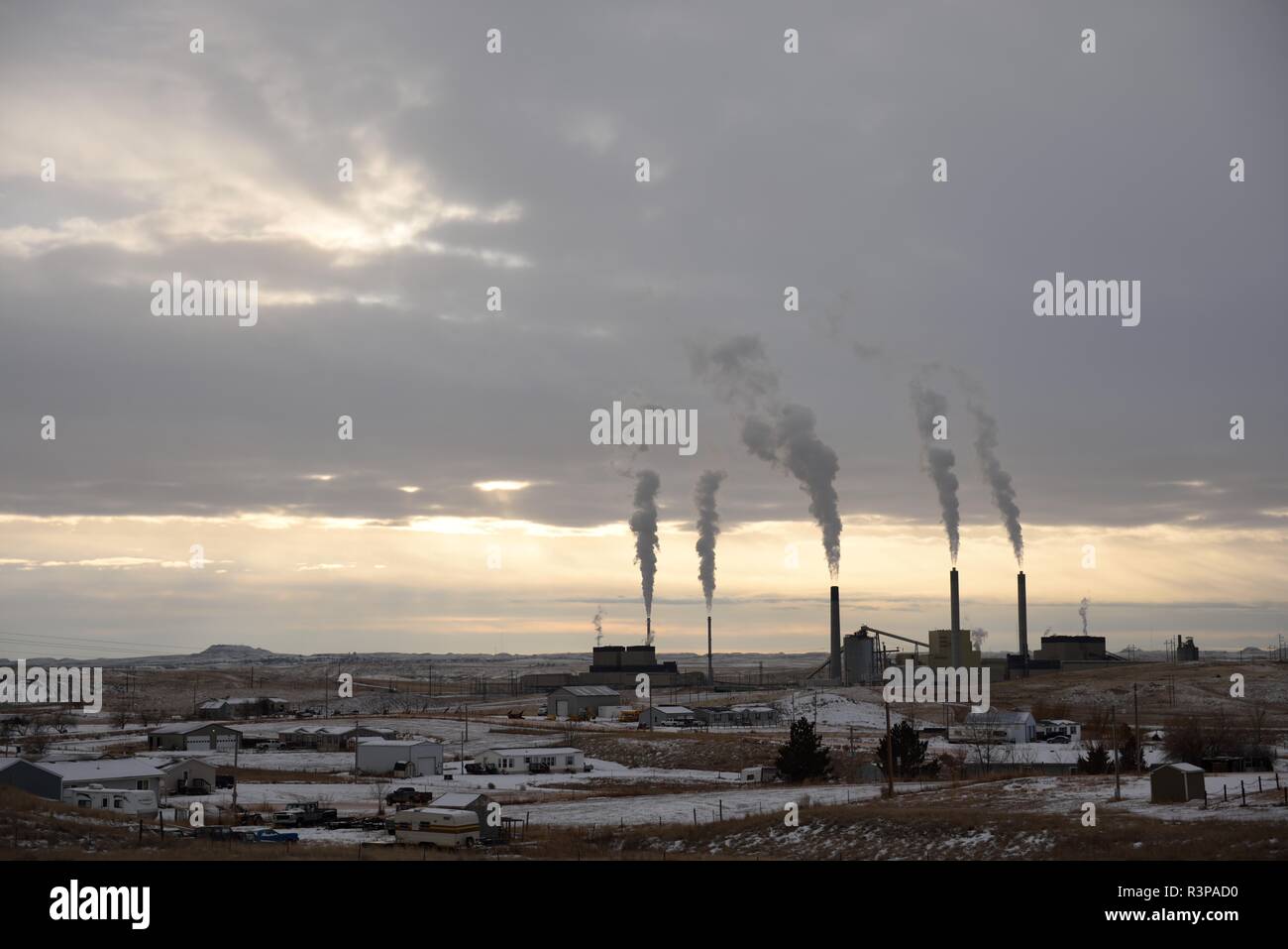 Smokestack emission plumes rising from a coalfired power plant near