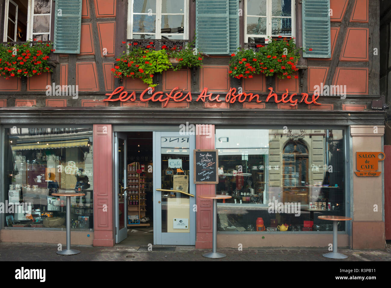France, Alsace, Colmar. Front of cafe on street in Colmar. Stock Photo