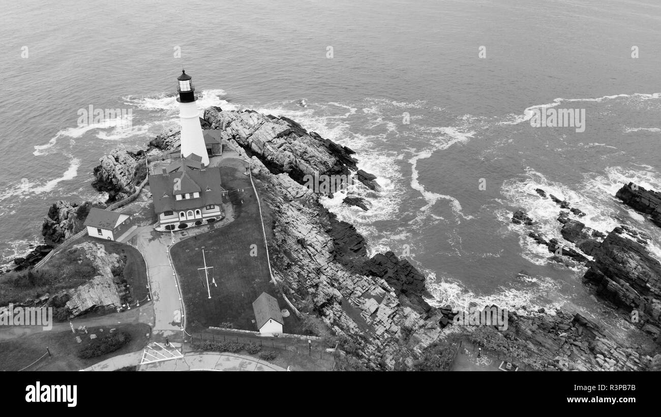 Aerial view in Black and White Portland Head Lighthouse State of Maine Stock Photo