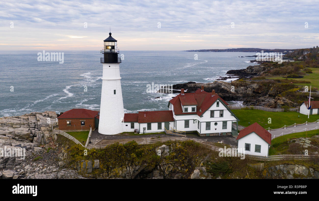 Fly around aerial view Portland Head Lighthouse State of Maine Stock Photo Alamy