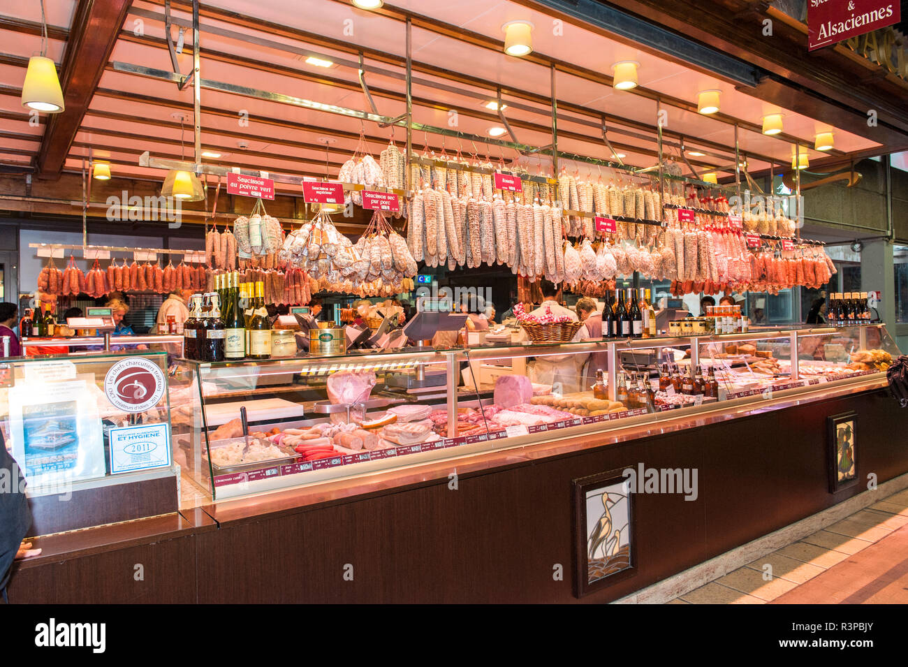 Meat vendor, Halles de Lyon, Lyon, France Stock Photo Alamy