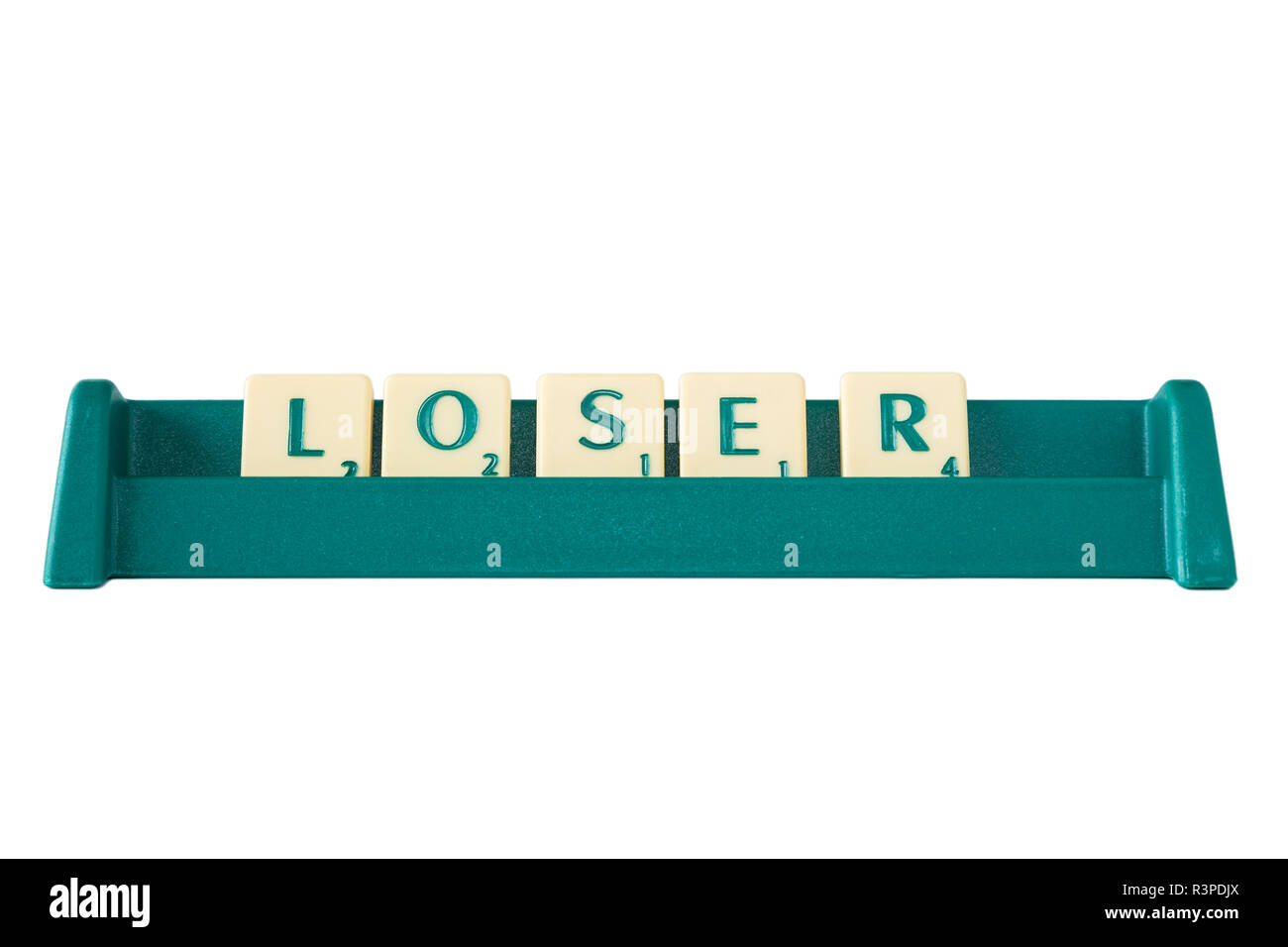 Scrabble game letter tiles with score value on a stand forming the word 'Loser'. Isolated on white background. Stock Photo