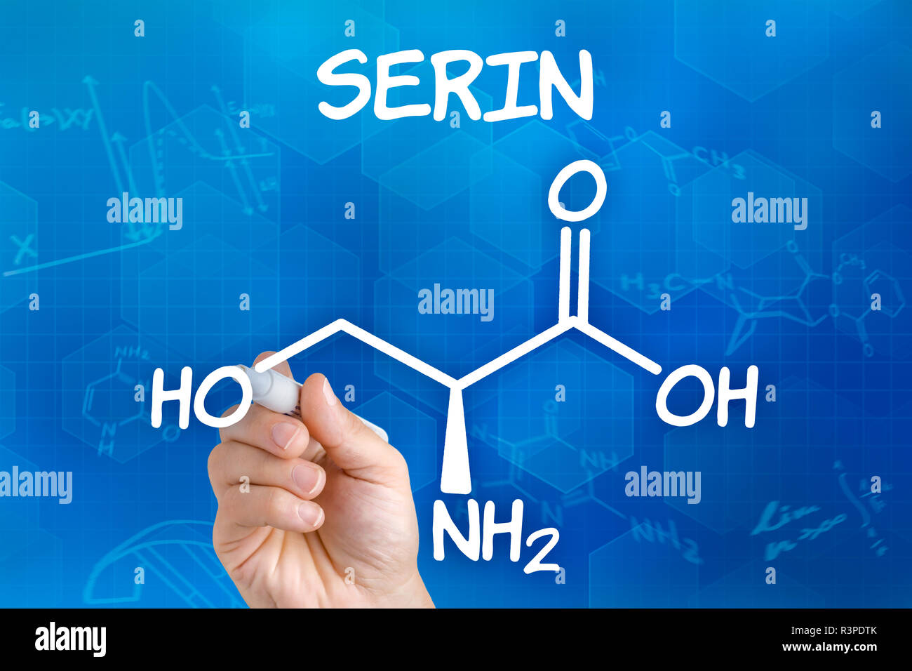 hand with pen draws chemical structural formula of serine Stock Photo ...