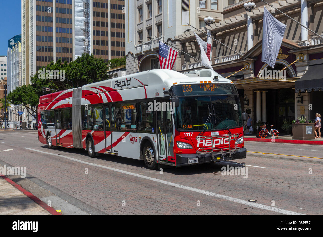 An MTS Rapid bus n the Gaslamp Quarter, San Diego, California, United