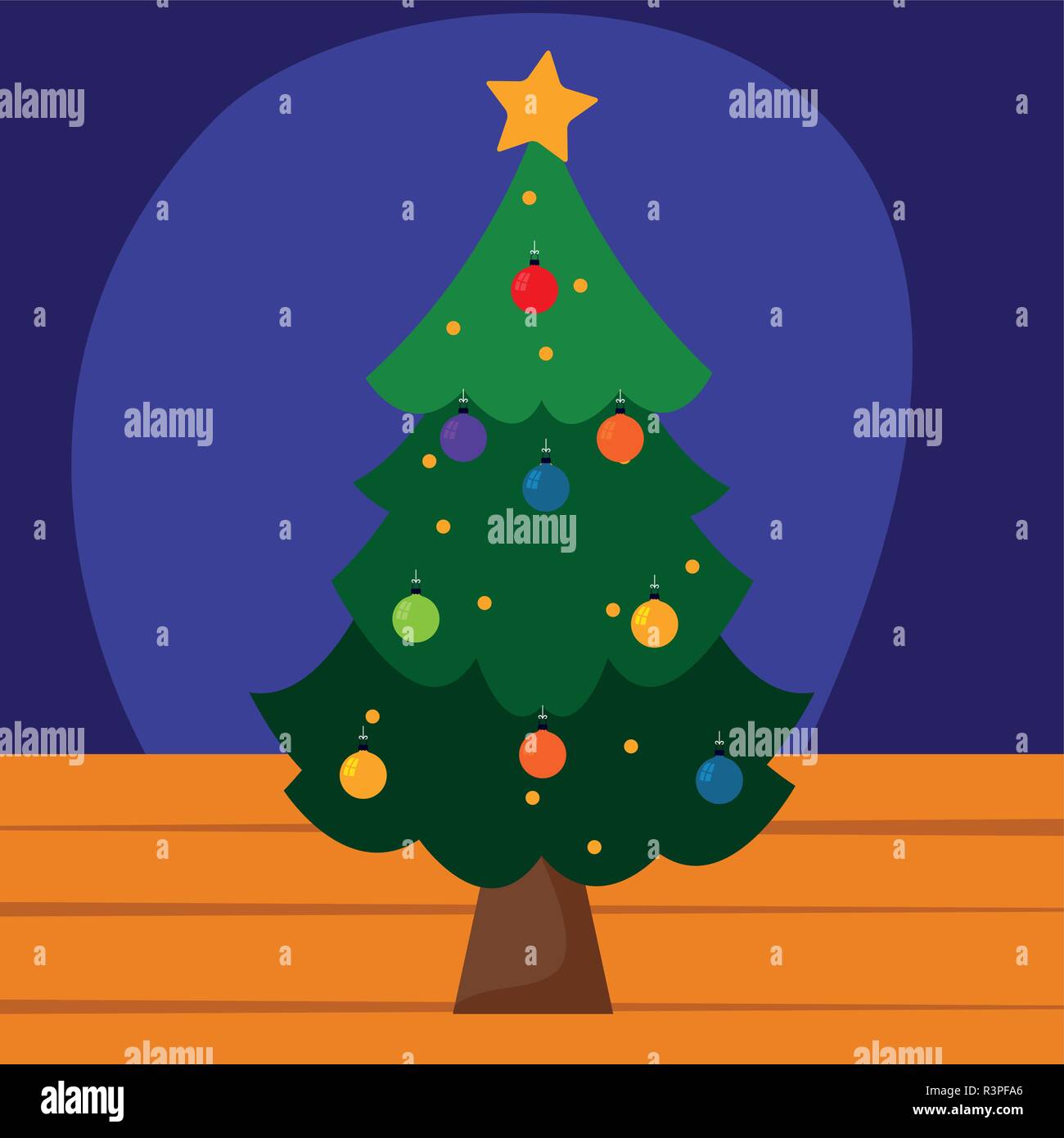 Christmas tree with ornaments over colorful background, vector