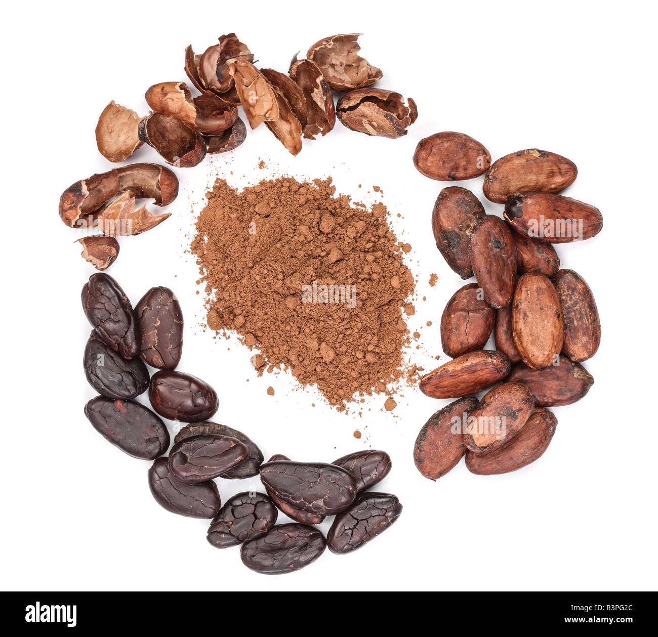 cocoa bean and cocoa powder isolated on white background top view Stock ...
