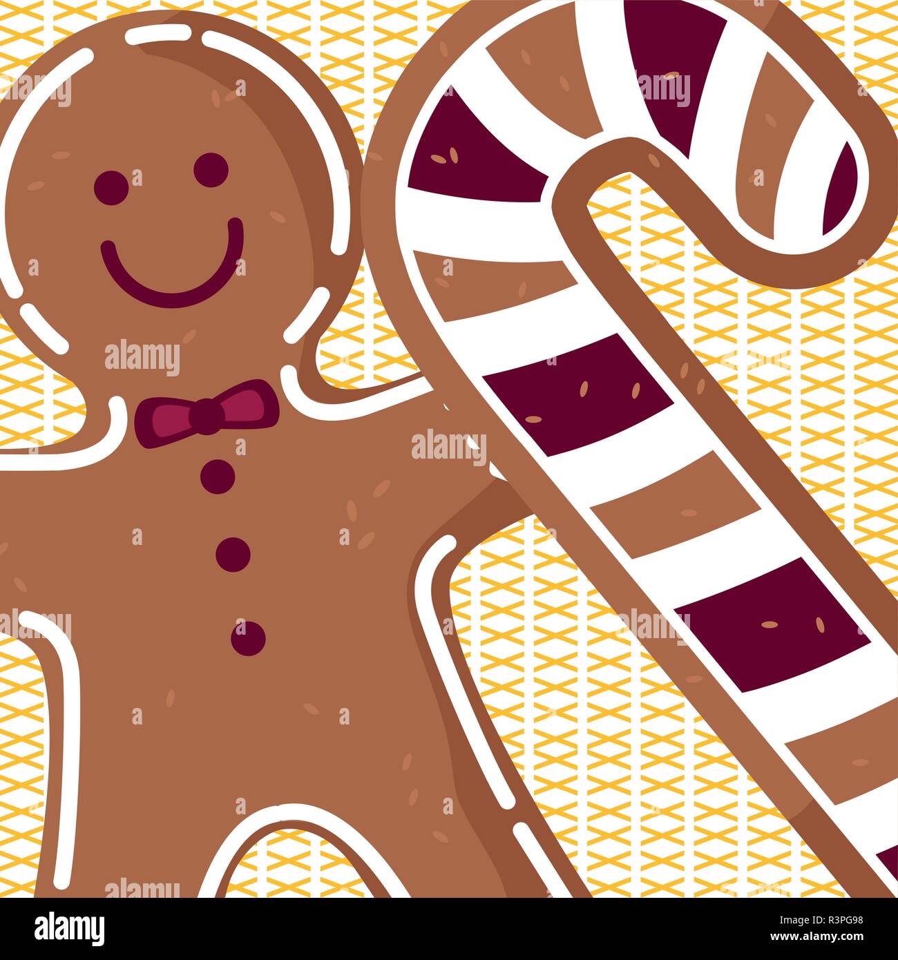 gingerbread man cookie and candy cane over white background, vector