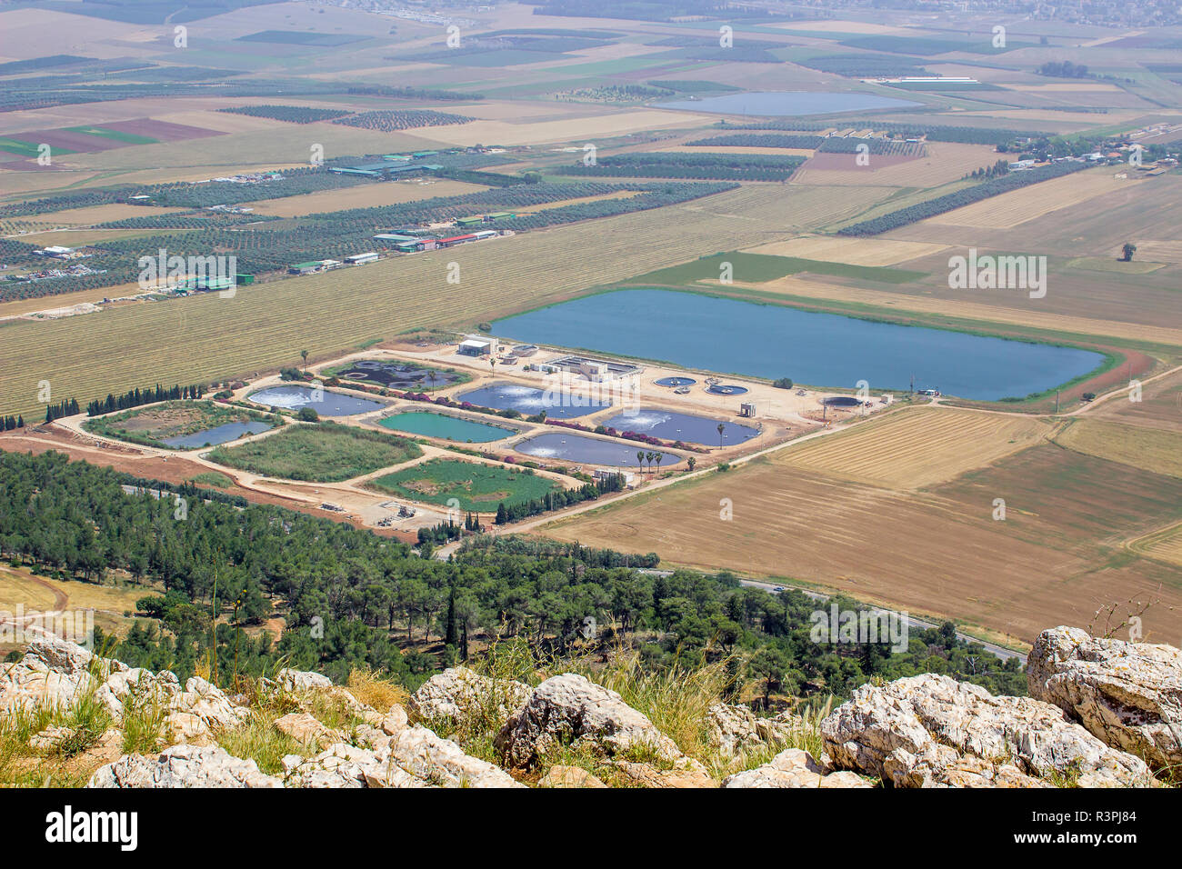 5 May 2018 A view of modern waste water treatment plant near Iskal in Israel from the Mount Precipice. The desert blooming like a rose Stock Photo