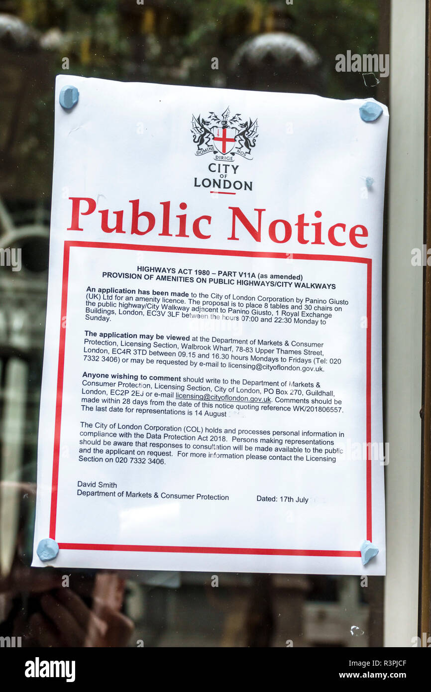 City of London England,UK Cornhill,financial centre center,public notice posted,License Application,Department of Markets & Consumer Protection,offici Stock Photo