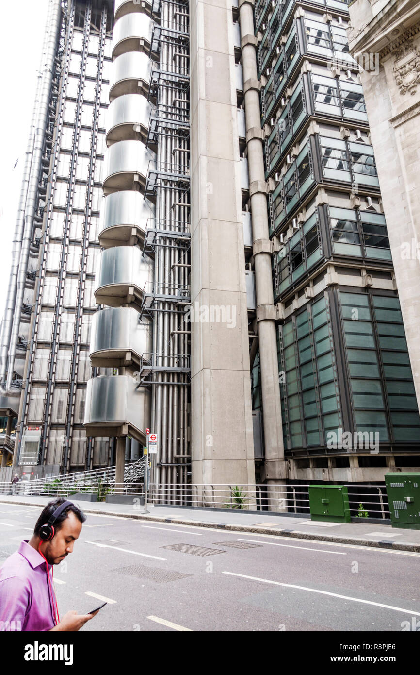 City of London England,UK financial centre center,Leadenhall Street,Lloyd's building,Inside-Out building,insurance company headquarters,Bowellism arch Stock Photo
