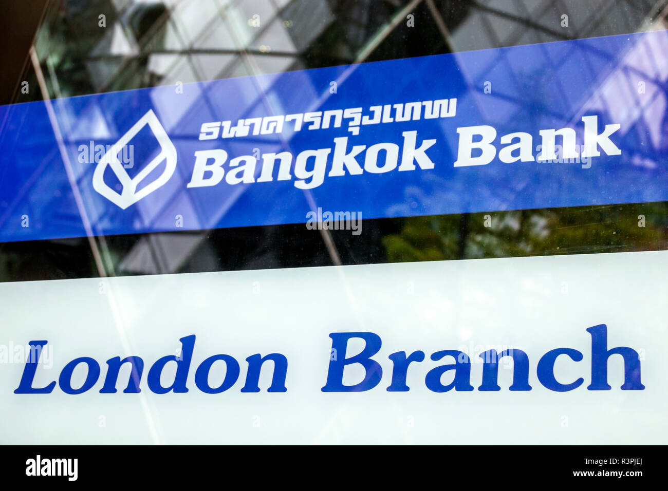 City of London England,UK financial centre center,Bangkok Bank,exterior outside,sign,Thailand financial institution,logo,phayanchana alphabet,abugida, Stock Photo