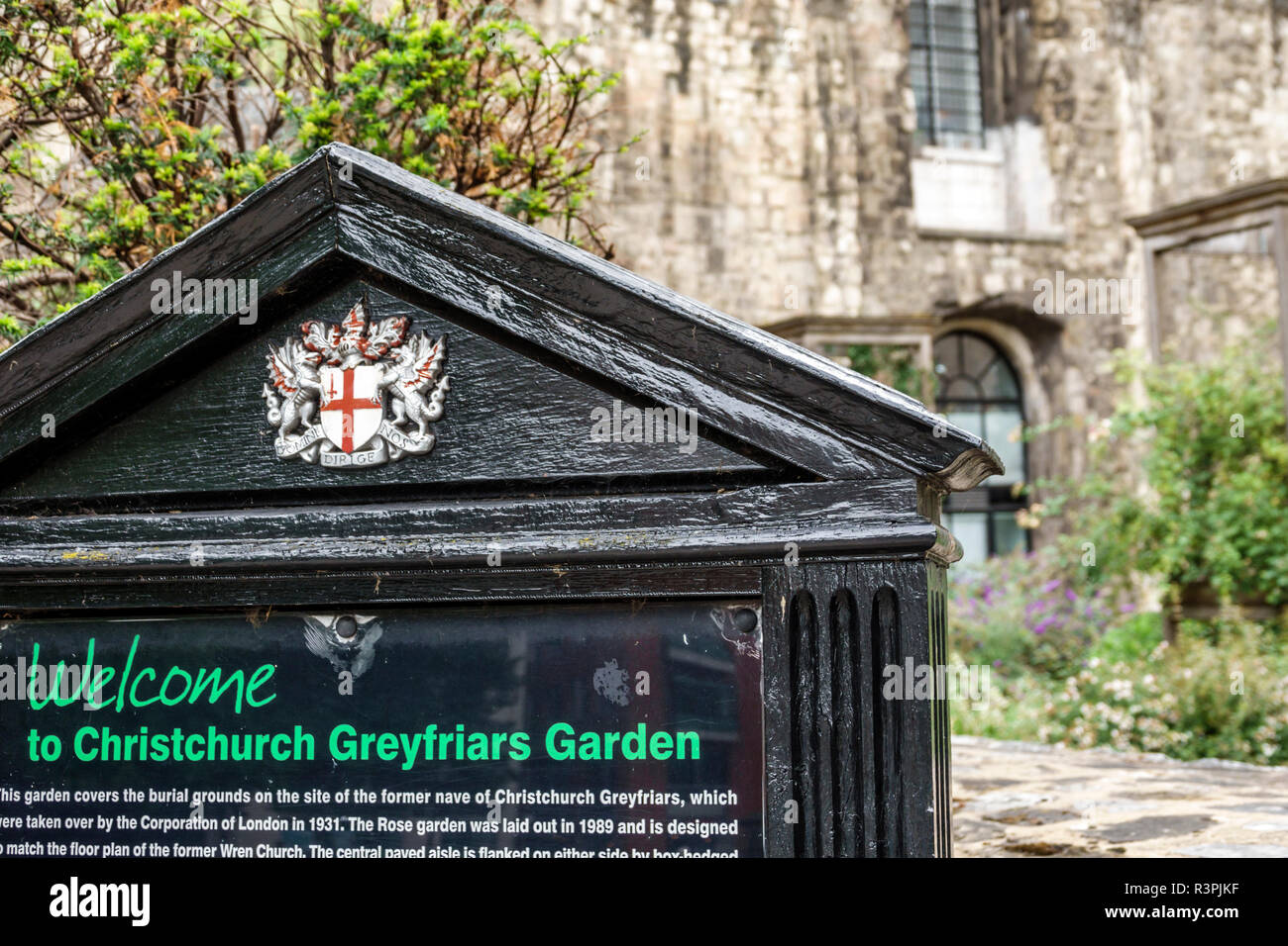 City of London England,UK Christ Church Greyfriars ruins,public garden,welcome sign,UK GB English Europe,UK180827088 Stock Photo