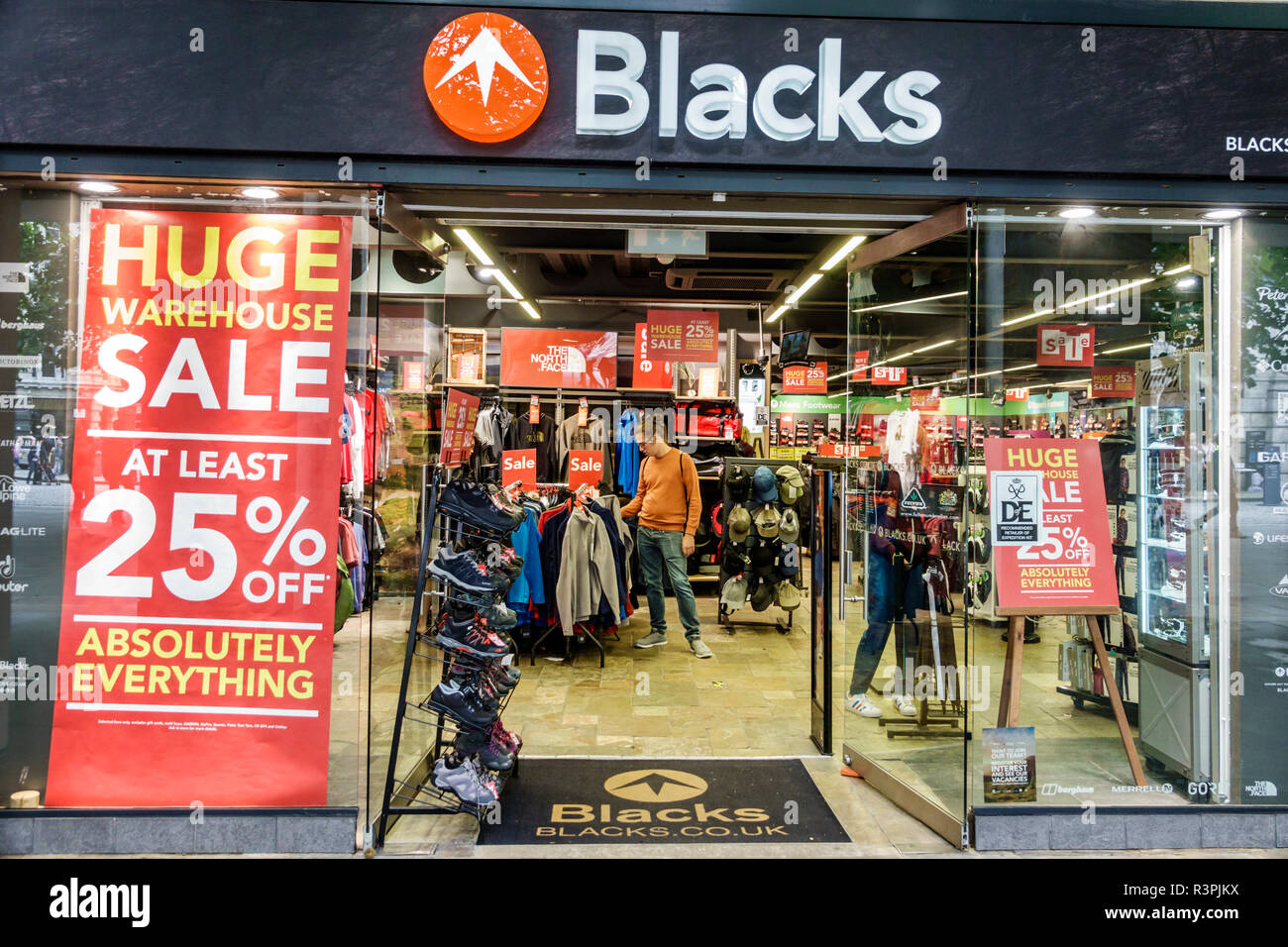 City of London England,UK Blacks,outdoor clothing,sportswear,store,entrance,shopping  shopper shoppers shop shops market markets marketplace buying sel Stock  Photo - Alamy