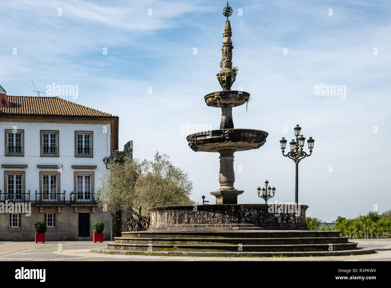 The main square Largo de Camoes with the 18th Century fountain in Ponte de Lima, a town in the Northern Minho region in Portugal. Stock Photo