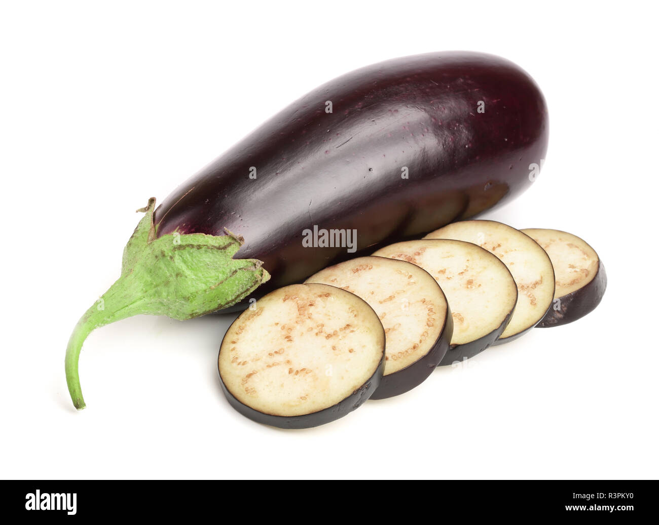 sliced eggplant or aubergine vegetable isolated on white background