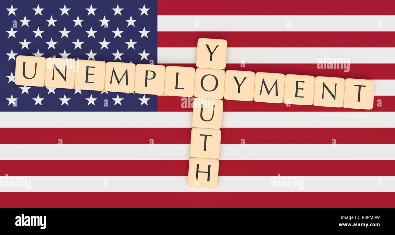 USA Politics Concept: Letter Tiles Youth Unemployment On US Flag, 3d illustration Stock Photo