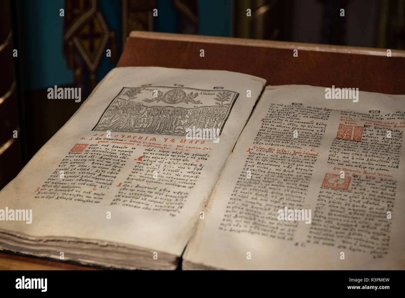 Old Scripture Writing Examples Close up of old Christian manuscript written in Cyrillic on church ...