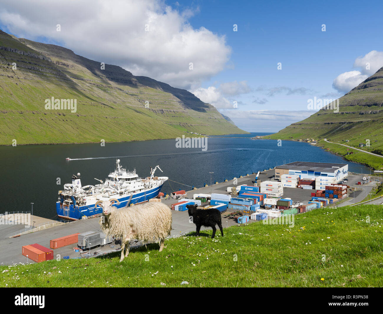 Container harbor in Klaksvik, the capital of the Northern Isles on the isle of Bordoy Nordoyggjar, Faroe Islands, Denmark Stock Photo
