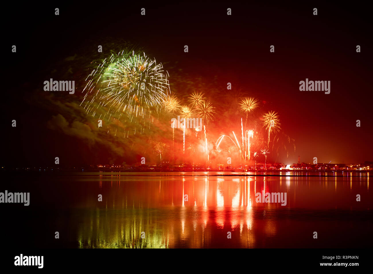 Fireworks of St Paio of Torreira a celebration that happens every year on september at Torreira - Aveiro, Portugal. Stock Photo