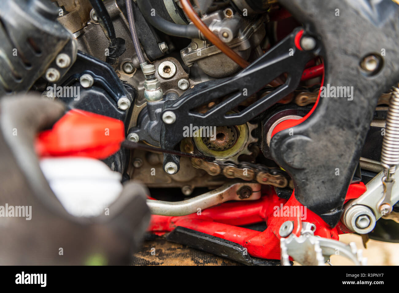 Lubricating motorcycle chain with dedicated chain spray grease Stock