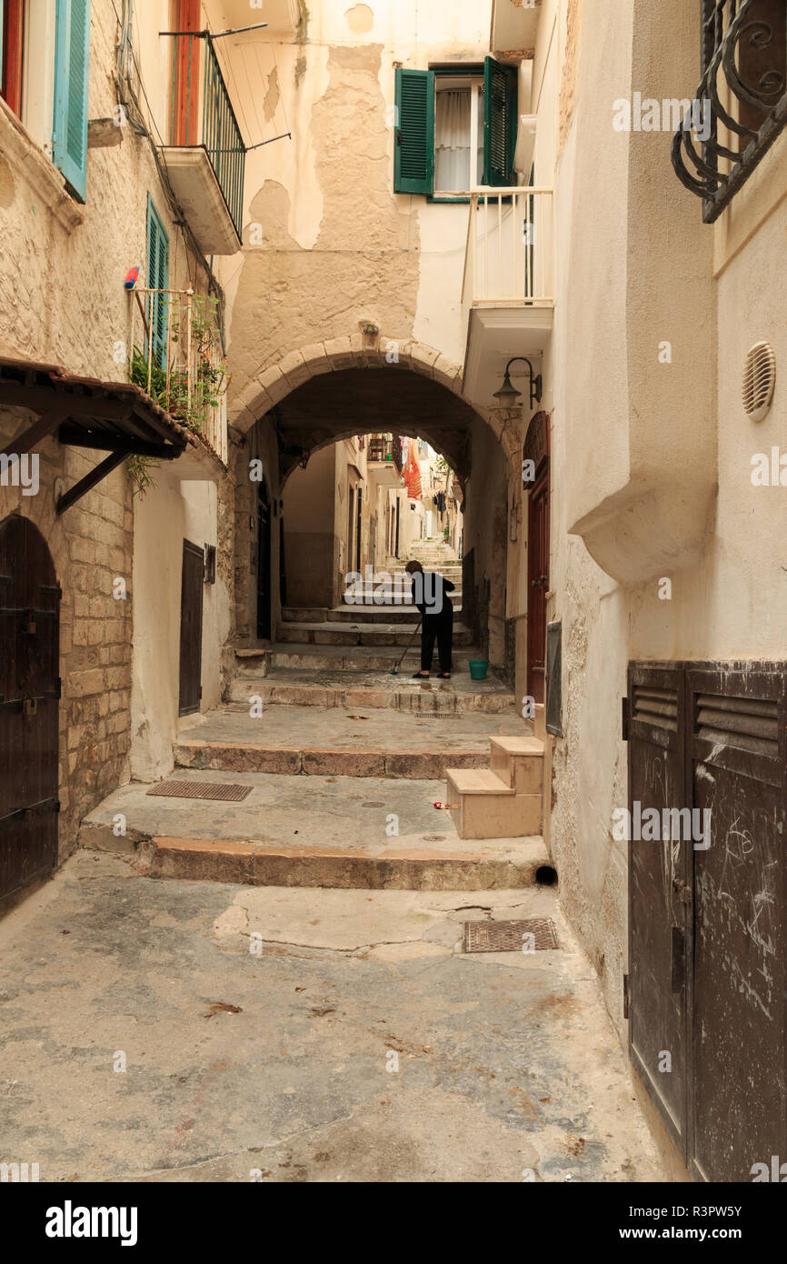 Foggia, Gargano National Park, Vieste. Old city, pedestrian arched pathways, decorated streets. Sweeping. Stock Photo