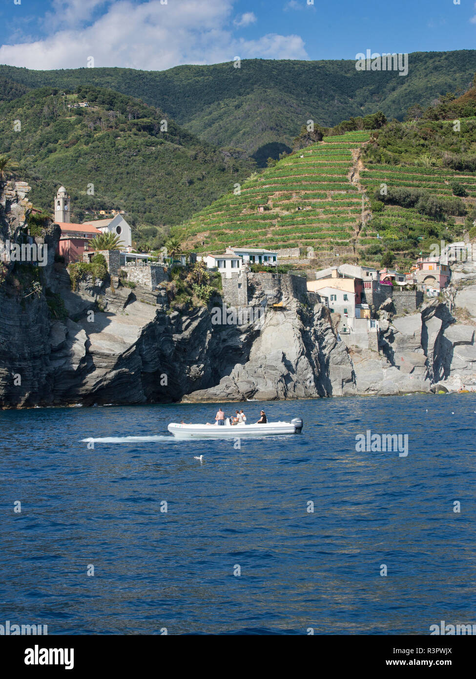 Cruising the coastline of Cinque Terre Stock Photo