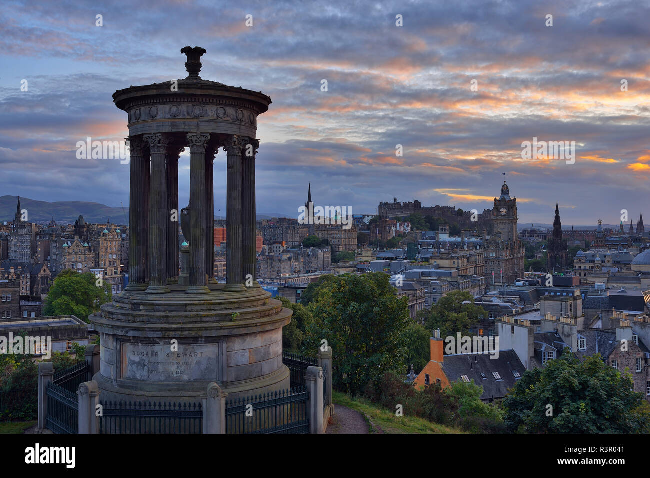 UK, Scotland, Edinburgh, view to the city from Carlton Hill with Dugald Stewart Monument in the foreground Stock Photo