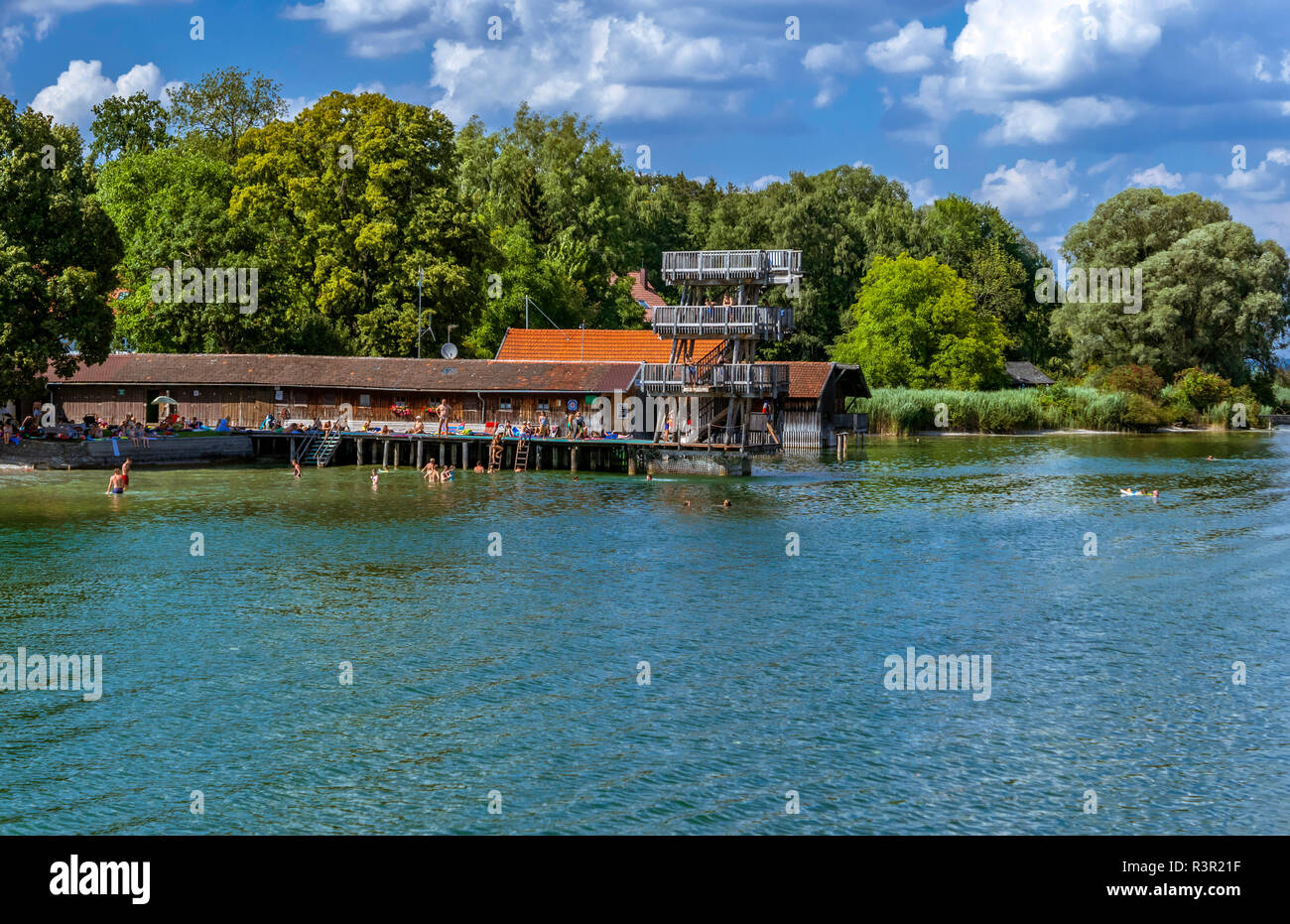 Lido in Utting at Ammersee, Lake Ammer, Fuenfseenland, Upper Bavaria, Bavaria, Germany, Europe Stock Photo