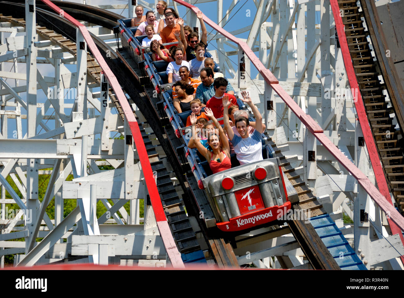 Riders enjoy the Thunderbolt roller coaster at Kennywood amusement park in Pittsburgh