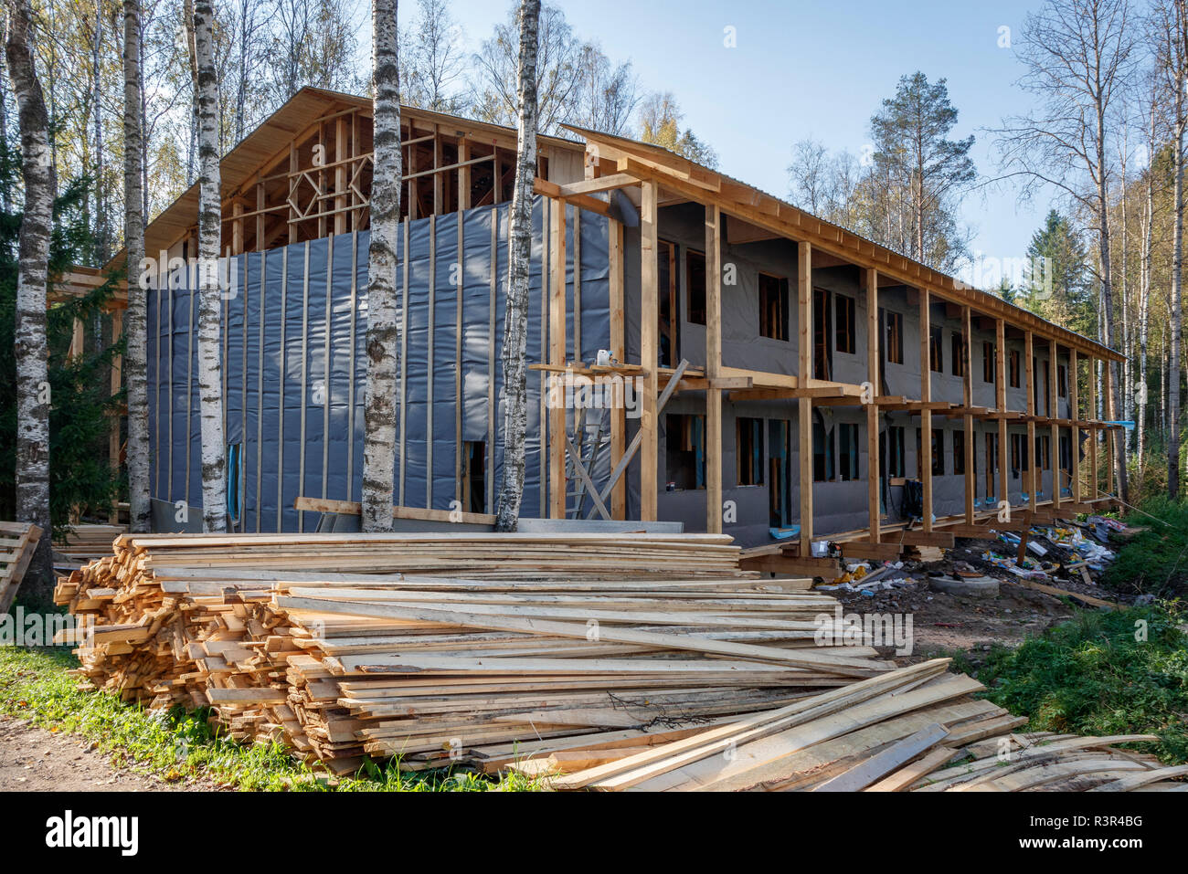 Building materials ready and partial construction of a new hotel 