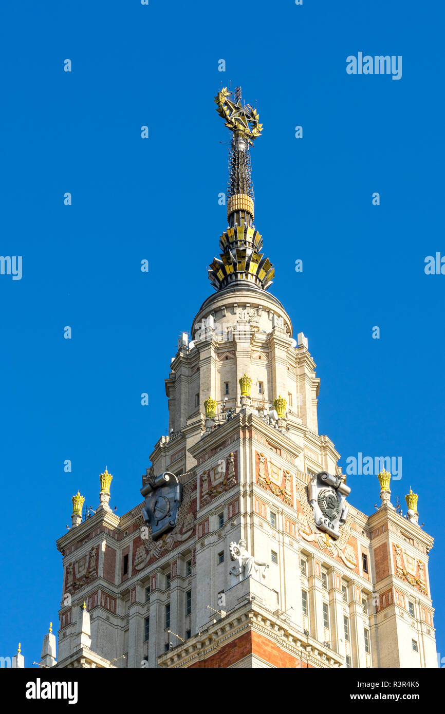Moscow, Russia - October 7 2018: Top of the main building of the Moscow State University in natural light on a sunny day, daytime Stock Photo