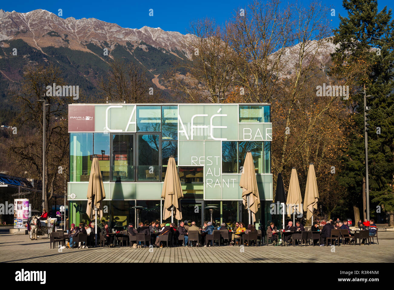Austria, Tyrol, Innsbruck, Pavilion Cafe by the Tyrolean State Theatre (Editorial Use Only) Stock Photo
