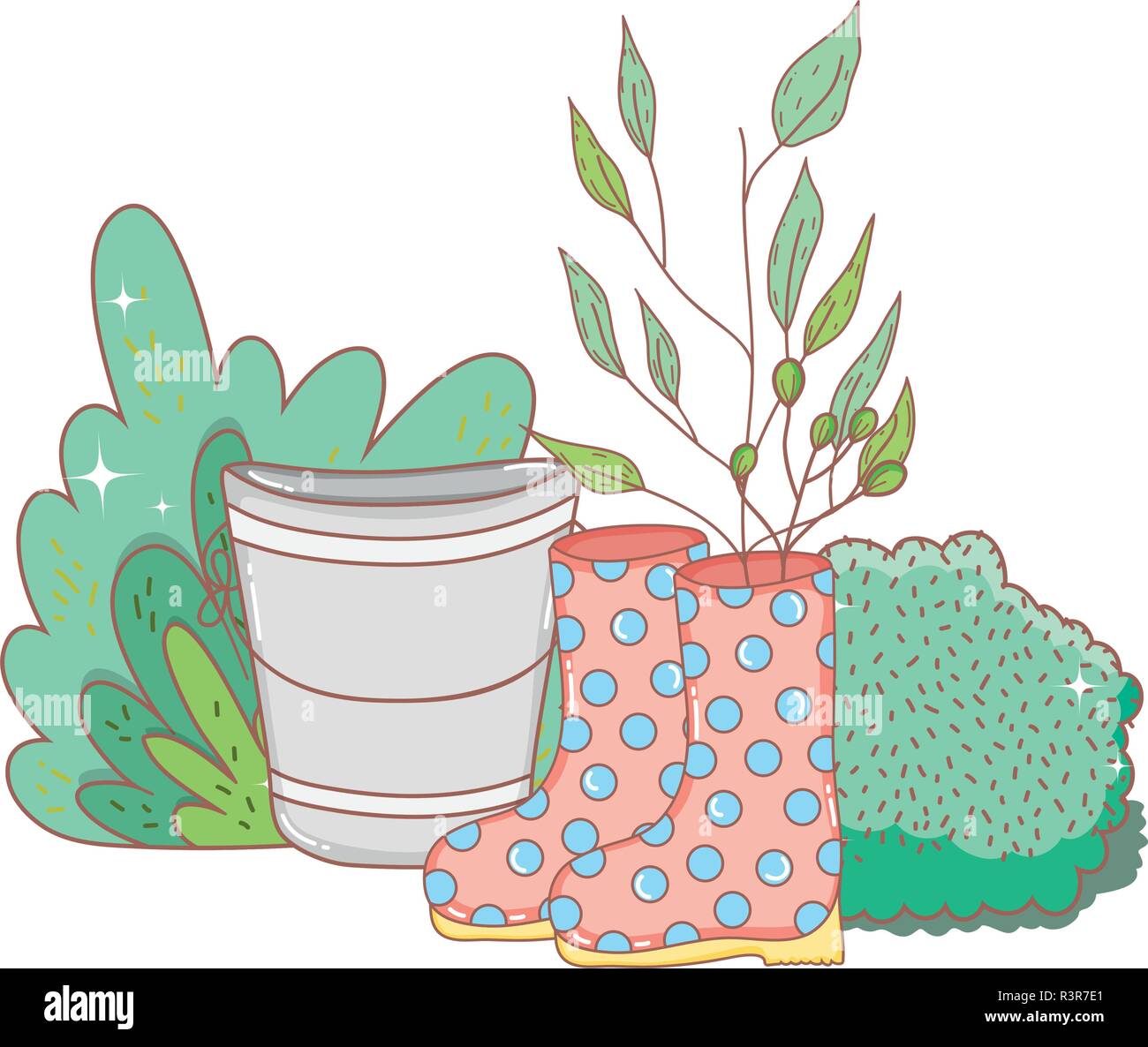 gardener boots rubber with bush and bucket vector illustration design ...