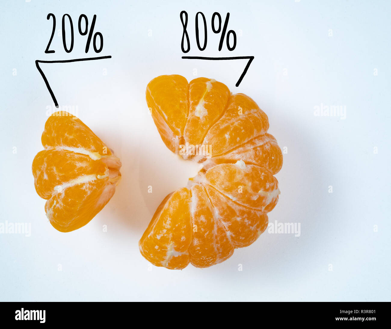 small and big slices of vivid yellow pilled mandarine. depict sales of exotic fruit market pareto rule concept. market share 20 and 80 percent signs Stock Photo