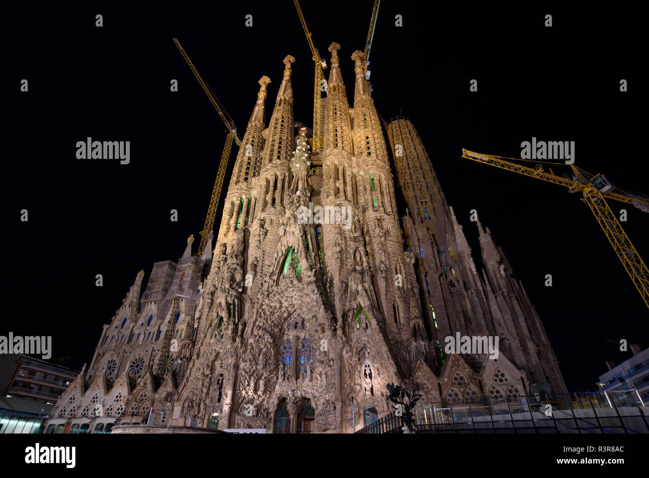 Night view of Nativity Façade of Sagrada Familia, the cathedral designed by Gaudi in Barcelona, Spain Stock Photo
