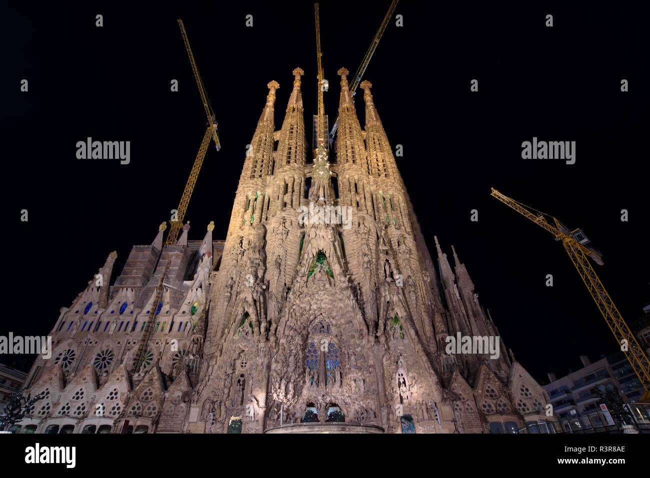Night view of Nativity Façade of Sagrada Familia, the cathedral designed by Gaudi in Barcelona, Spain Stock Photo
