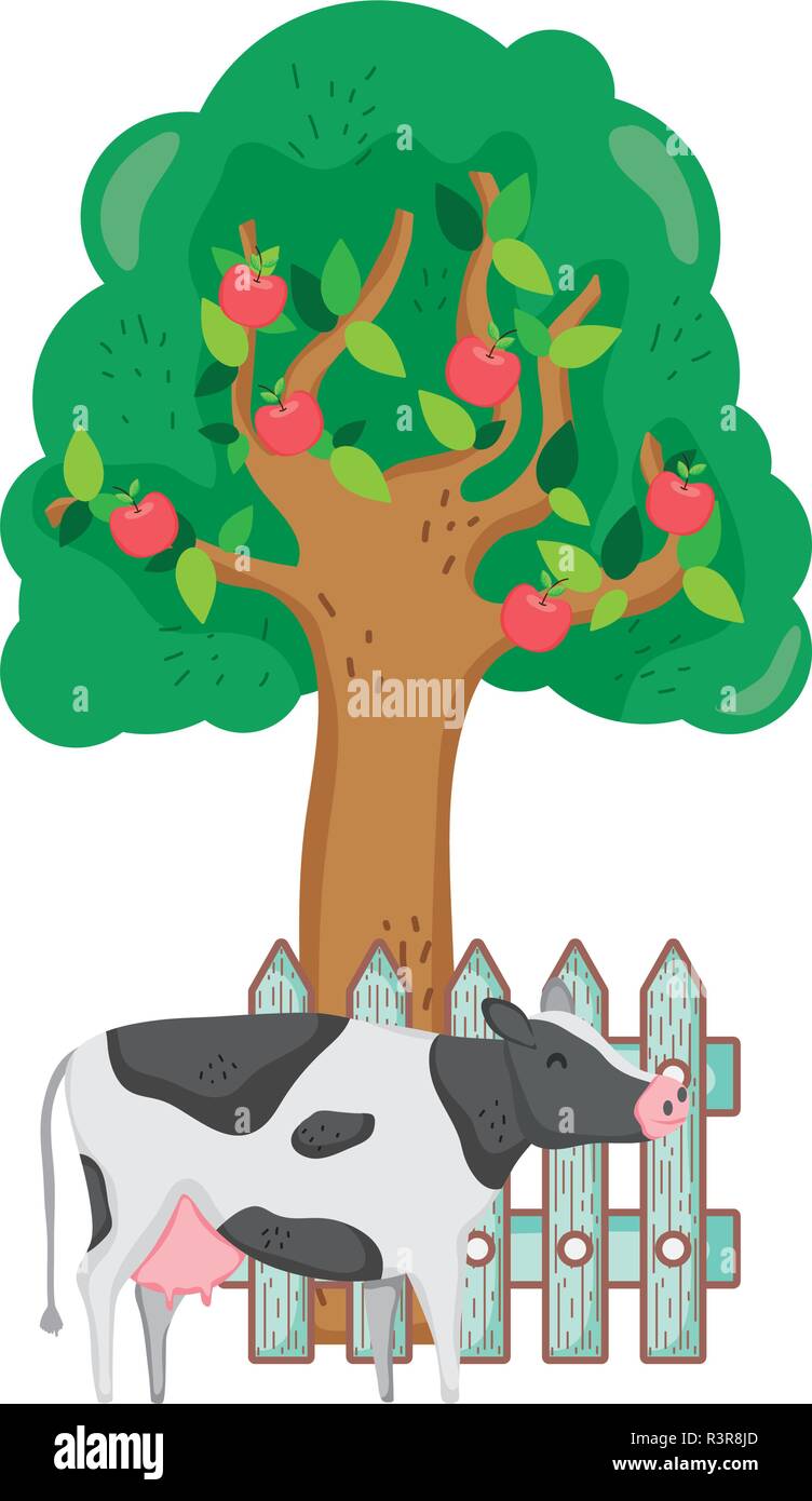 cow farm with tree and fence vector illustration design Stock Vector ...