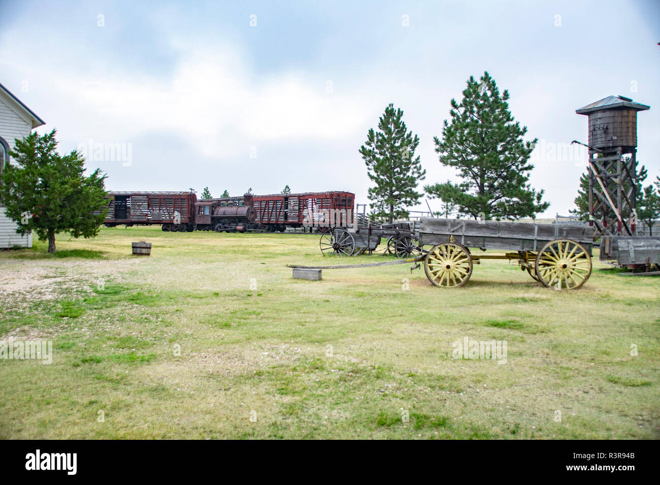 Train, wagon and silo in 1880 Town in Midland, South Dakota. Stock Photo