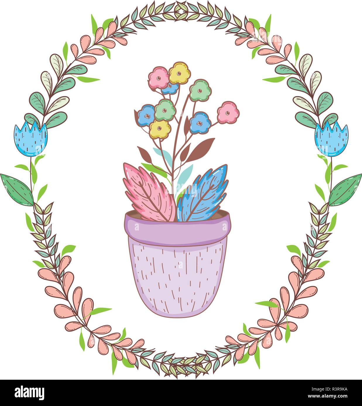 flowers in garden pot with wreath crown vector illustration design ...