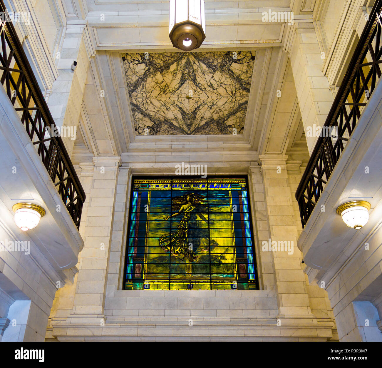 Stained glass in the lobby of the Frick Building, Pittsburgh, PA.  Roman goddess Fortuna is the goddess of chance and fortune. When Henry Clay Frick w Stock Photo