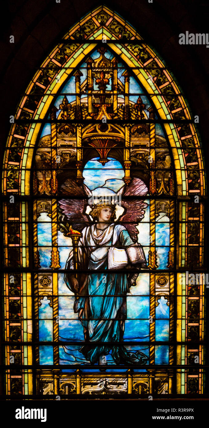 A angel is depicted on the Tiffany stained glass window in the First Presbyterian Church, Pittsburgh, Pennsylvania, USA Stock Photo