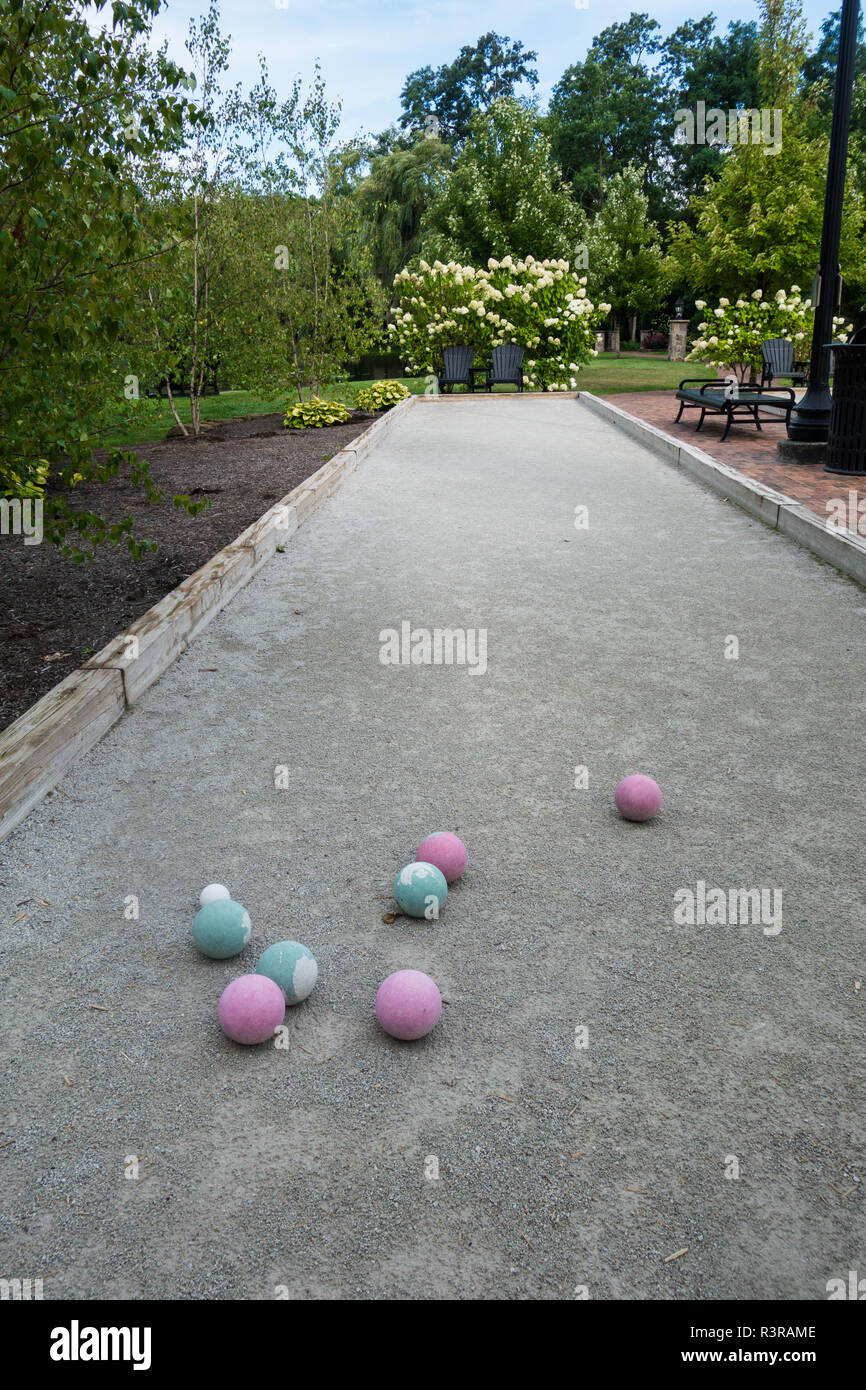 Bocce Balls on a bocce court Stock Photo