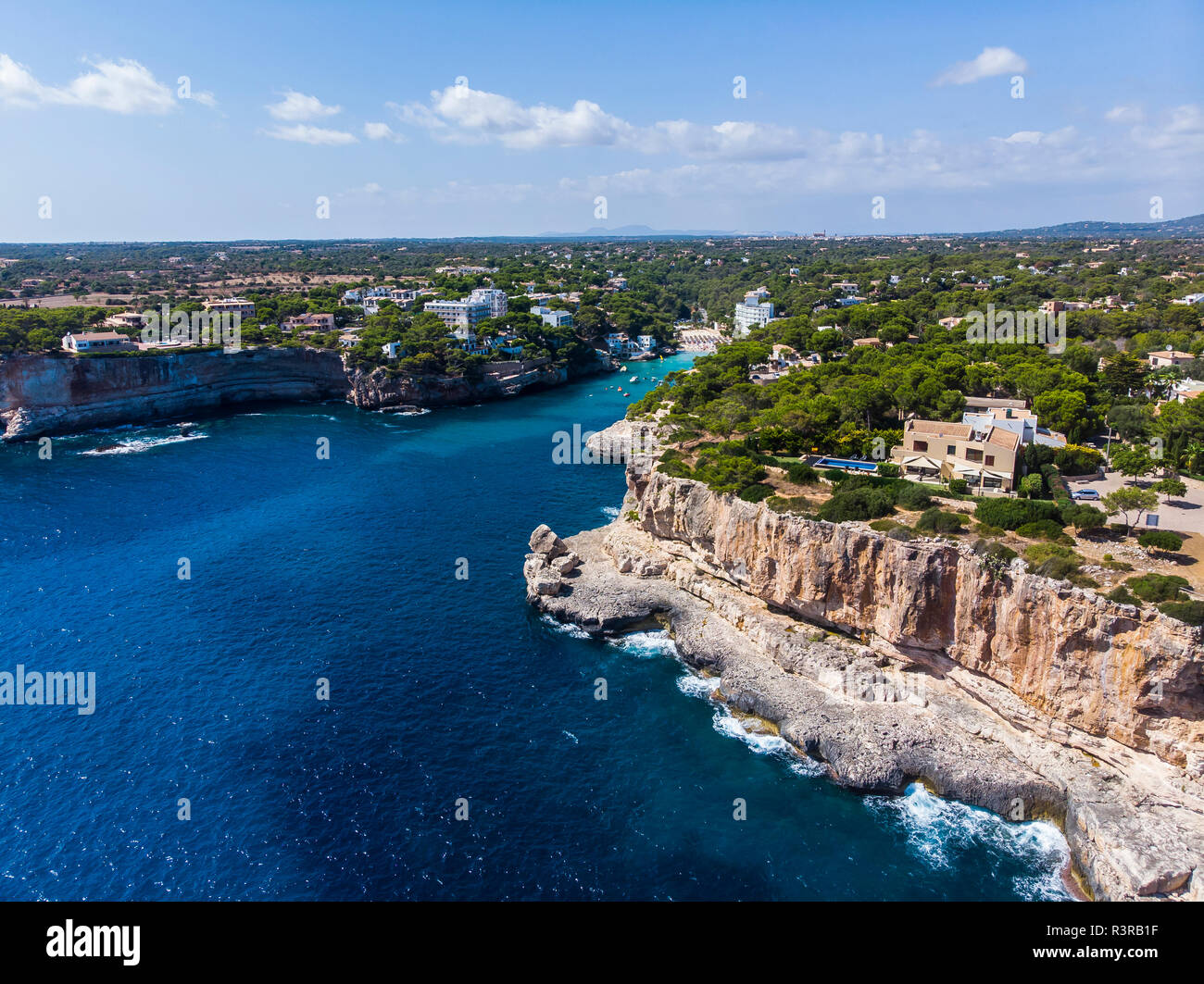 Spain, Balearic Islands, Mallorca, Aerial view of bay Cala Santanyi Stock Photo