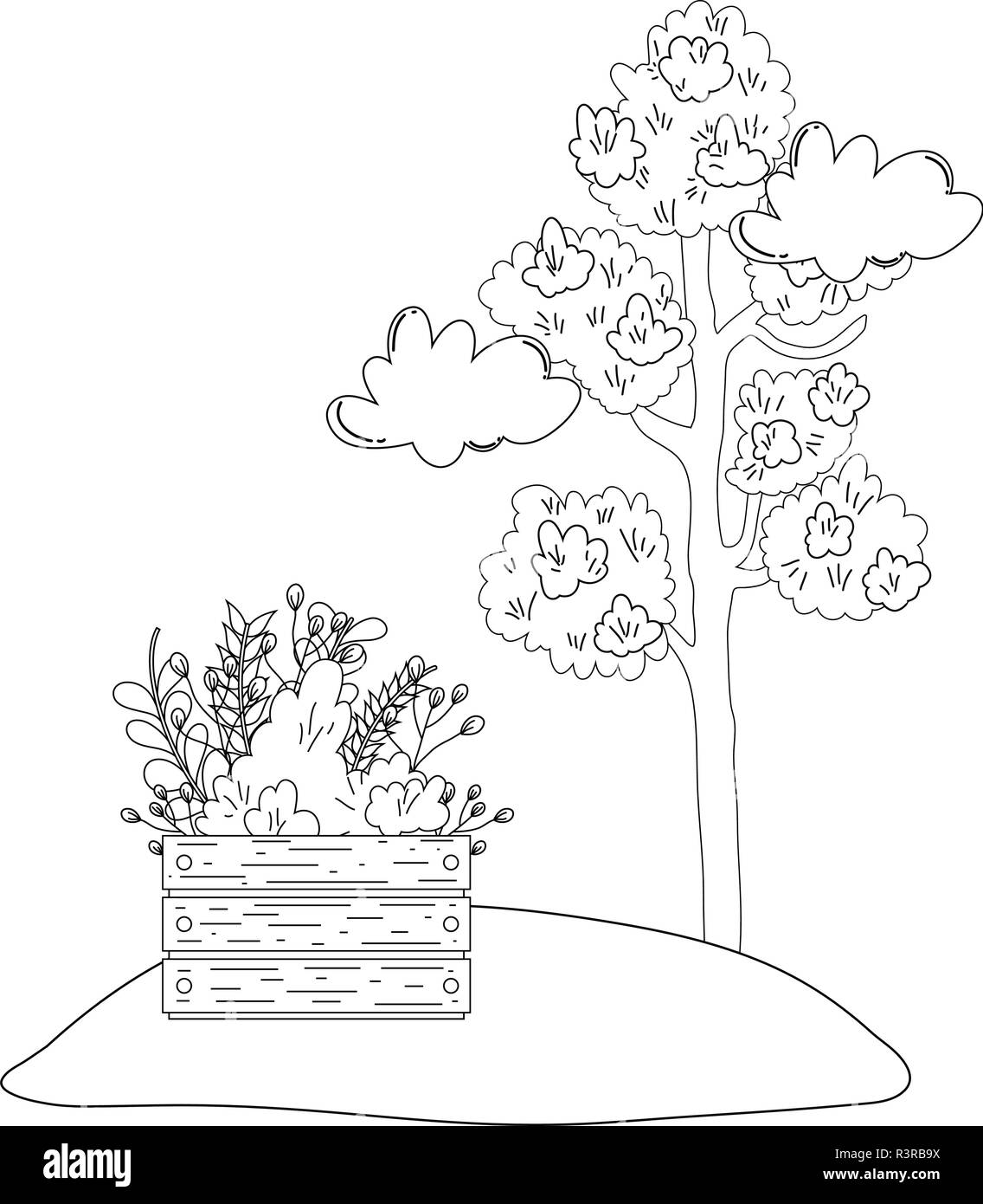 tree plant with flowers garden in wooden pot vector illustration design ...