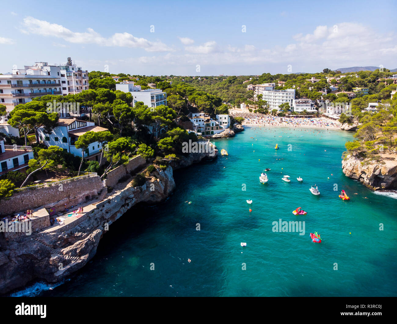 Spain, Balearic Islands, Mallorca, Aerial view of bay Cala Santanyi, beach Stock Photo