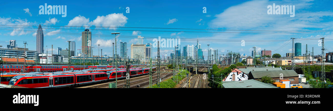 Germany, Frankfurt, view to holding tracks of central station with skyline in the background Stock Photo