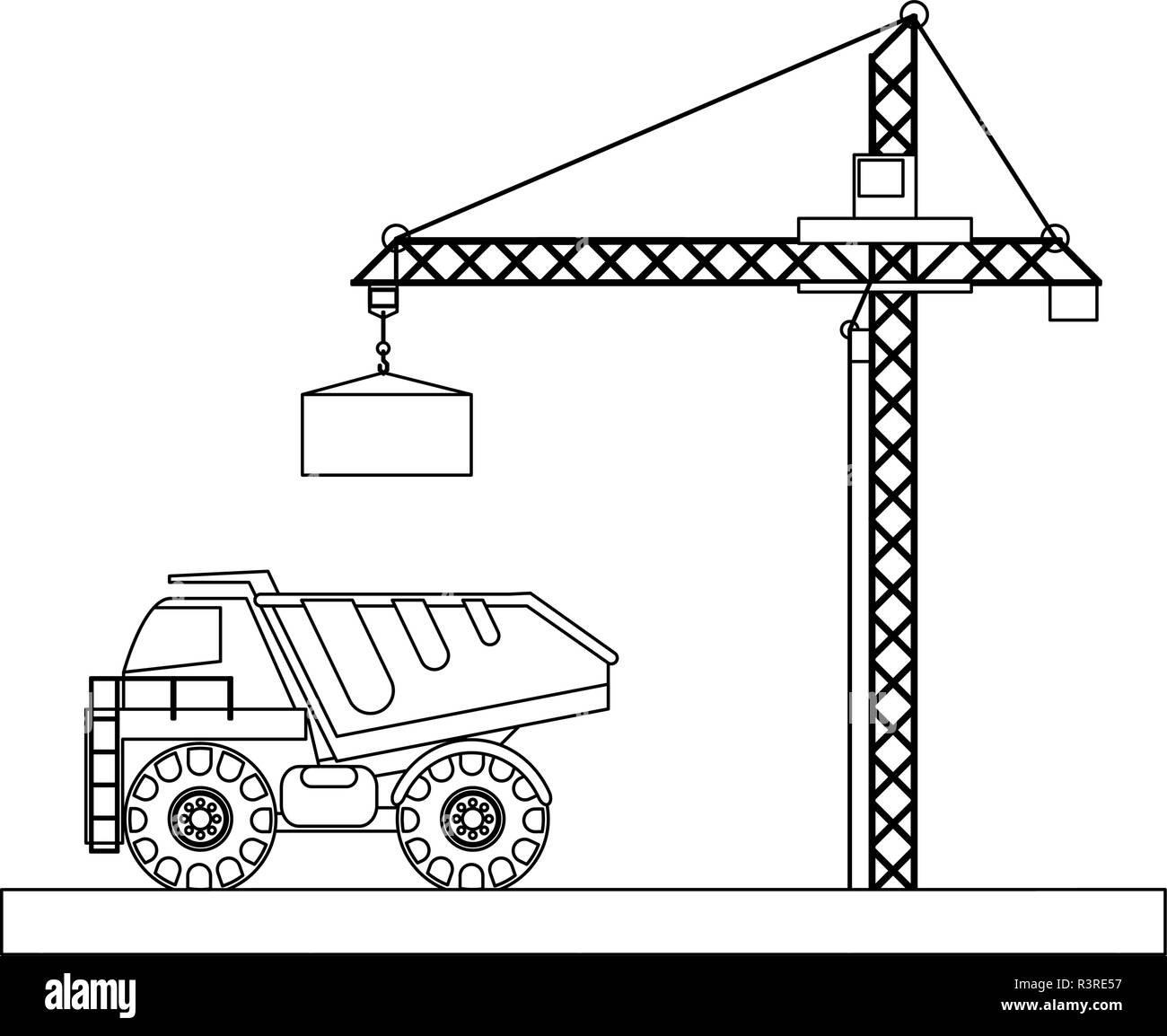 Construction cargo truck and crane in black and white Stock Vector ...