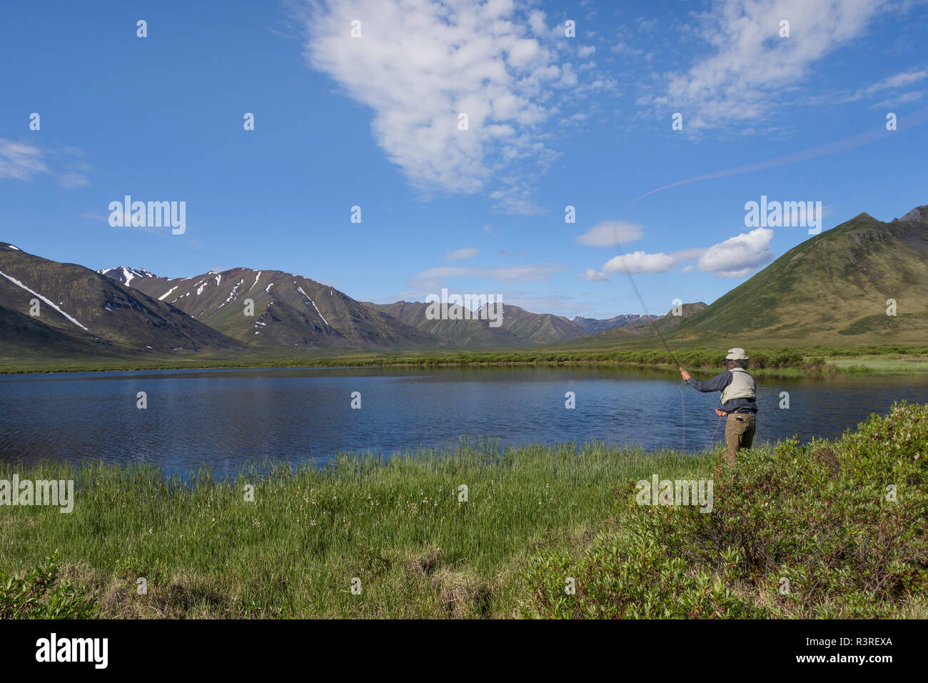 Canada, Yukon, Tombstone Territorial Park. Man fly fishing in lake.  (MR) Stock Photo